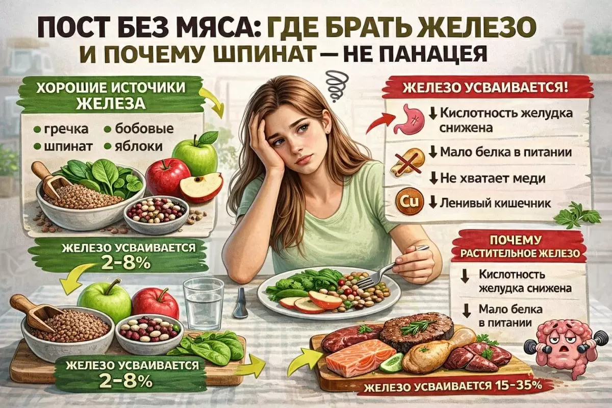 Пост без мяса: как получить железо и почему шпинат не спасает